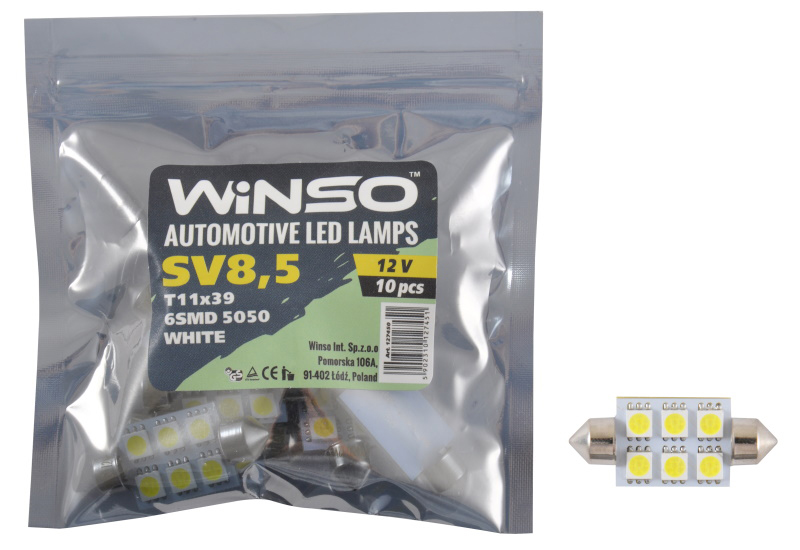 Автолампа Winso 12V SMD SV8.5 T11x39 6LEDS 5050 white 10шт.уп. (127450)