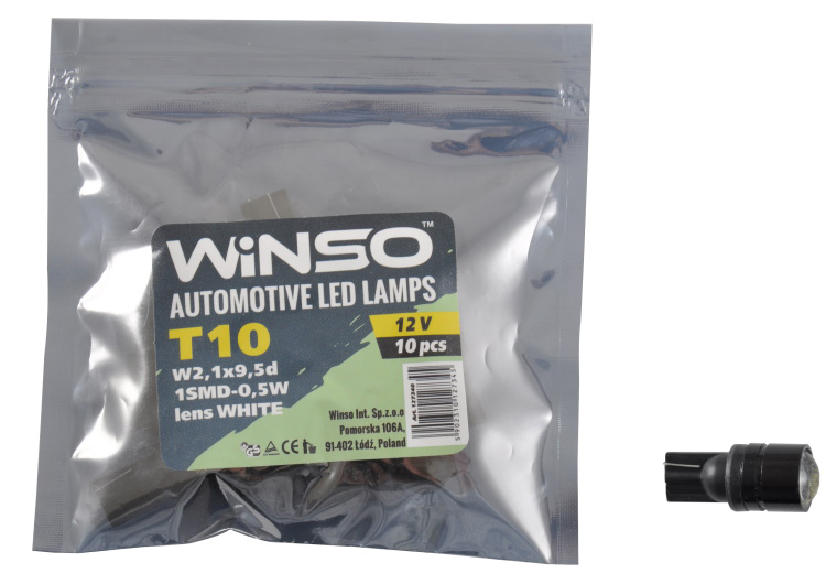 Автолампа Winso 12V SMD T10 W2.1x9.5d 1LED 0,5W with lens white 10 шт.уп. (127340)