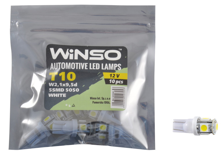 Автолампа Winso 12V SMD T10 W2.1x9.5d 5LEDS 5050 white 10 шт.уп. (127250)