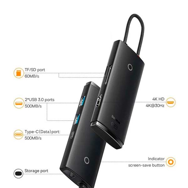 Фото - Хаб USB Baseus Type-C to HDMI+USB3.0*2+Type-C Data+SD/TF Black (WKQX050001)