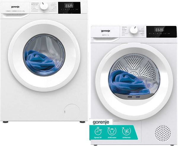 Фото - Комплект техники Gorenje Стиральная машина с фронтальной загрузкой + Сушильная машина Gorenje WNGPI72SBS/UA + D2HNE7E/UA