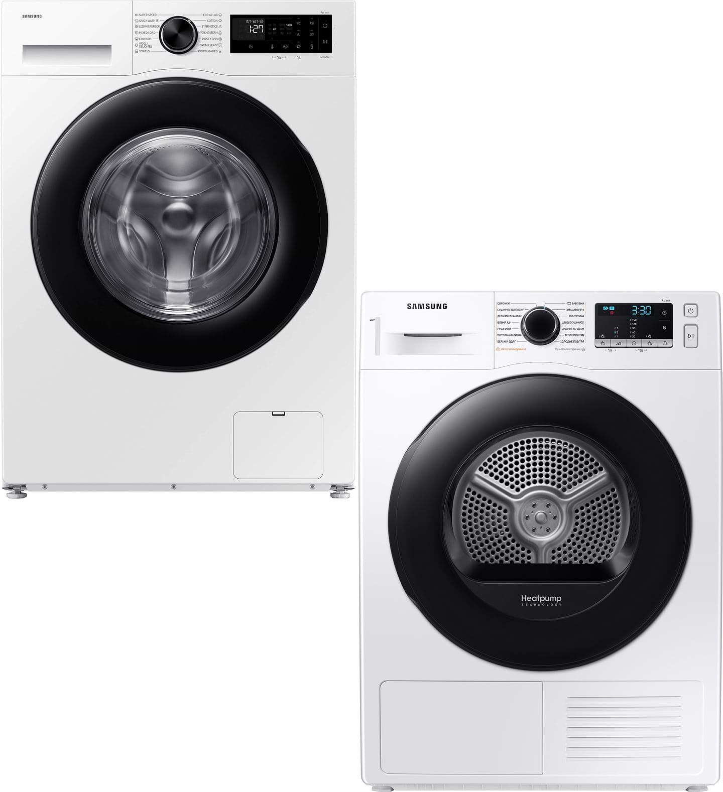 Комплект техніки Samsung Пральна машина з фронтальним завантаженням + Сушильна машина Samsung WW10FG5U3EAELE + DV90TA040AE/UA - Фото 1