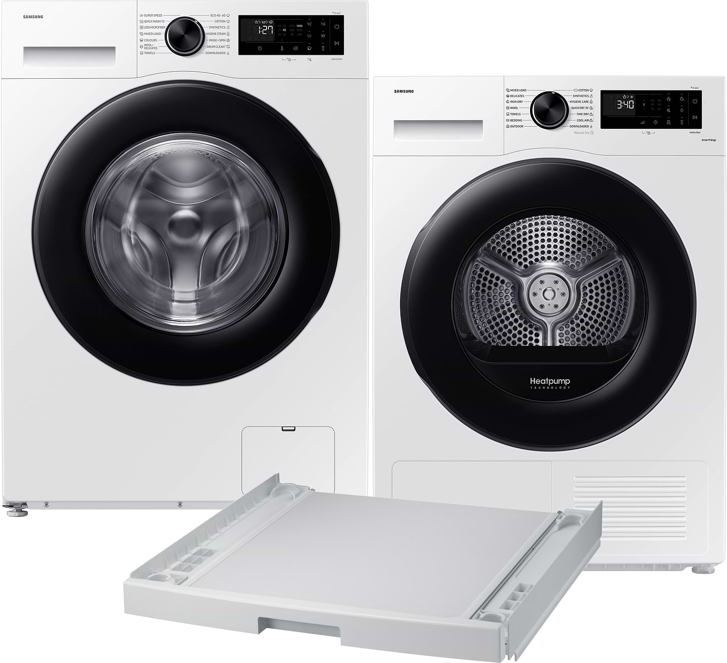 Комплект техніки Samsung Пральна машина з фронтальним завантаженням + Сушильна машина + Комплект кріплень для встановлення в колону Samsung WW10FG5U3EAELE + DV90CGC2A0AEUA + SKK-DD