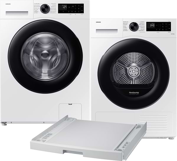 Фото - Комплект техніки Samsung Пральна машина з фронтальним завантаженням + Сушильна машина + Комплект кріплень для встановлення в колону Samsung WW10FG5U3EAELE + DV90CGC2A0AEUA + SKK-DD
