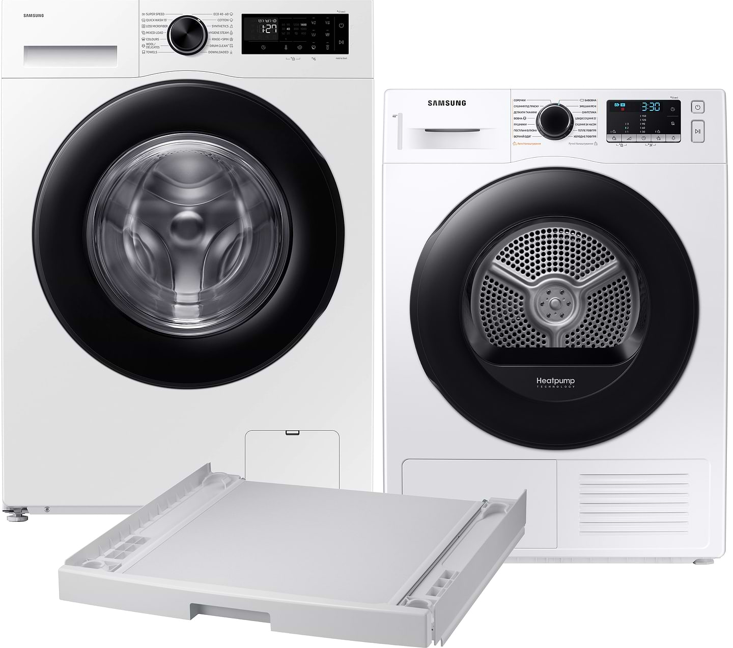 Комплект техніки Samsung Пральна машина з фронтальним завантаженням + Сушильна машина + Комплект кріплень для встановлення в колону Samsung WW10FG5U3EAELE + DV90TA040AE/UA + SKK-DD - Фото 1