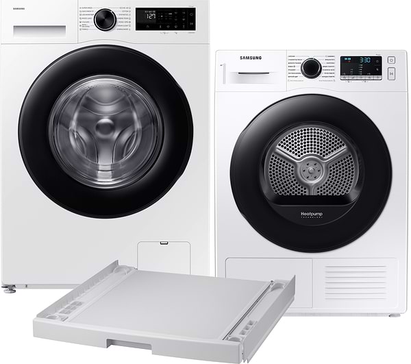 Фото - Комплект техніки Samsung Пральна машина з фронтальним завантаженням + Сушильна машина + Комплект кріплень для встановлення в колону Samsung WW10FG5U3EAELE + DV90TA040AE/UA + SKK-DD