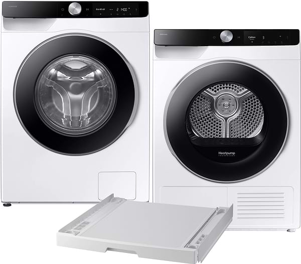 Фото - Комплект техніки Samsung Пральна машина з фронтальним завантаженням + Сушильна машина + Комплект кріплень для встановлення в колону Samsung WW10FG6U3ELKUA + DV90T6240LK/UA + SKK-UDW