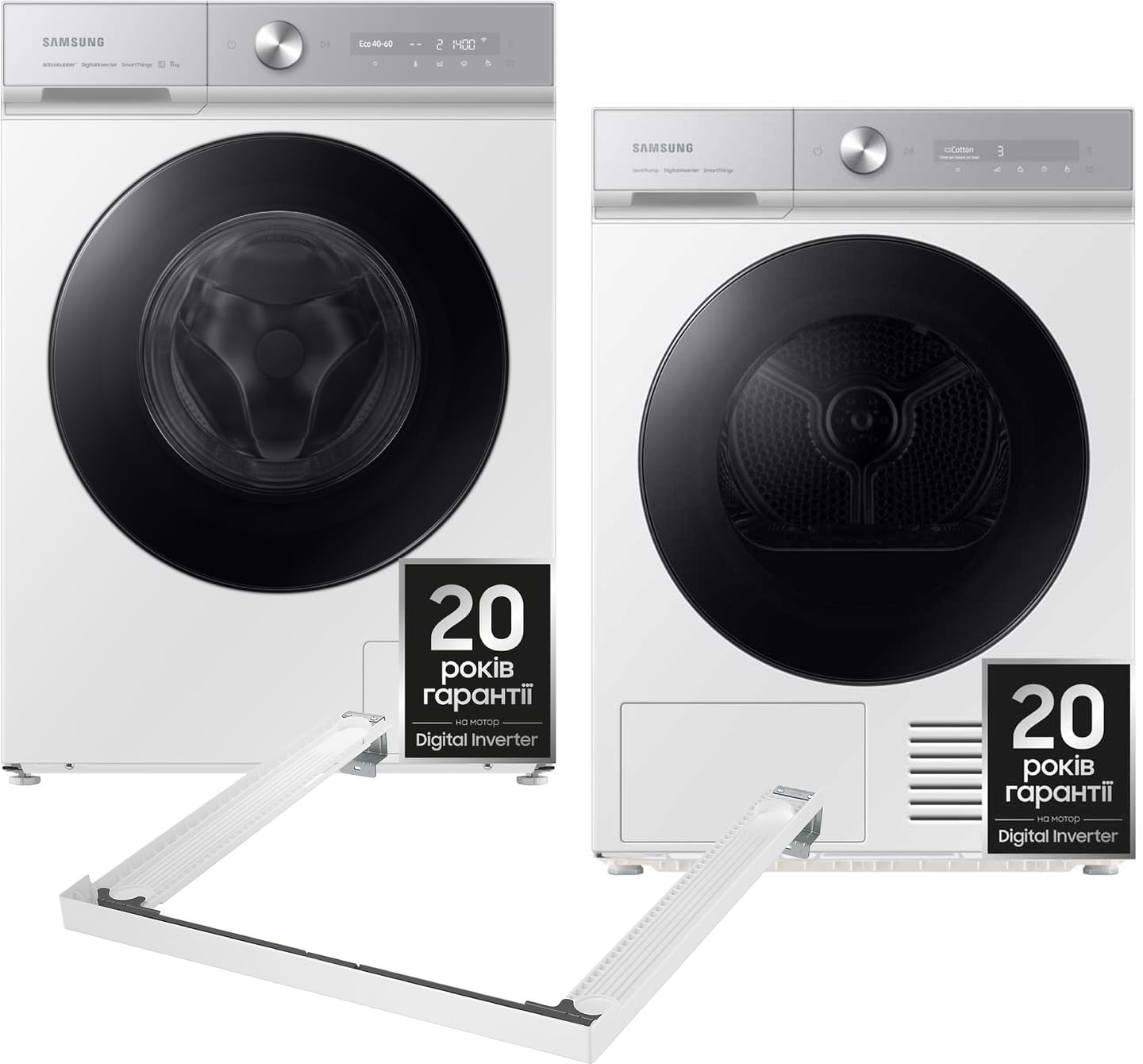 Комплект техники Samsung Стиральная машина с фронтальной загрузкой + Сушильная машина + Комплект креплений для установки в колонну Samsung WW11B1944AGHUA + DV90BB9445GHUA + SKK-SSW - Фото 1