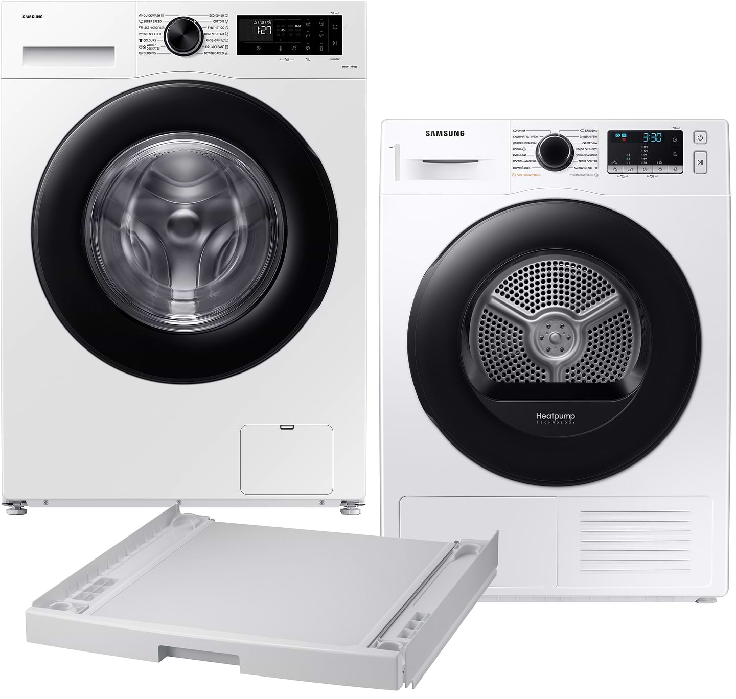 Купити Комплект техніки Samsung Пральна машина з фронтальним завантаженням + Сушильна машина + Комплект кріплень для встановлення в колону Samsung WW11DG5B2FAELE + DV90TA040AE/UA + SKK-DD - Фото 1 Комплект техніки Samsung Пральна машина з фронтальним завантаженням + Сушильна машина + Комплект кріплень для встановлення в колону Samsung WW11DG5B2FAELE + DV90TA040AE/UA + SKK-DD - Фото 1