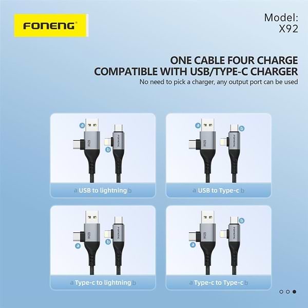 Фото - Кабель синхронізації даних Foneng X92 4-in-1 (60W) USB/USB-C - USB-C/Lightning 1m Black (X92-CA-FIO)