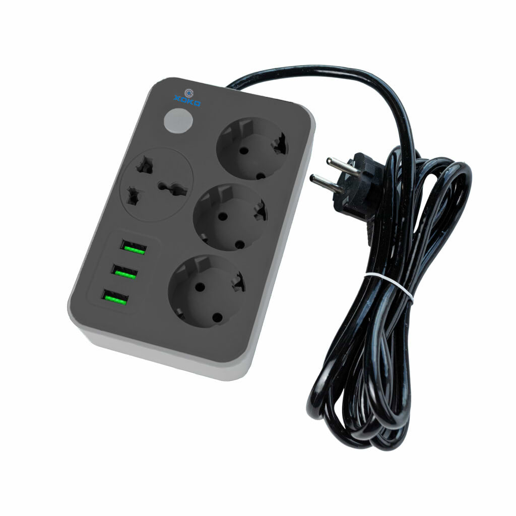 Мережевий фільтр XOKO 2 м 3 EU розетки 1 міжнародна розетка 3 USB Gray (XK-SP-3-3-1-SL) - Фото 1