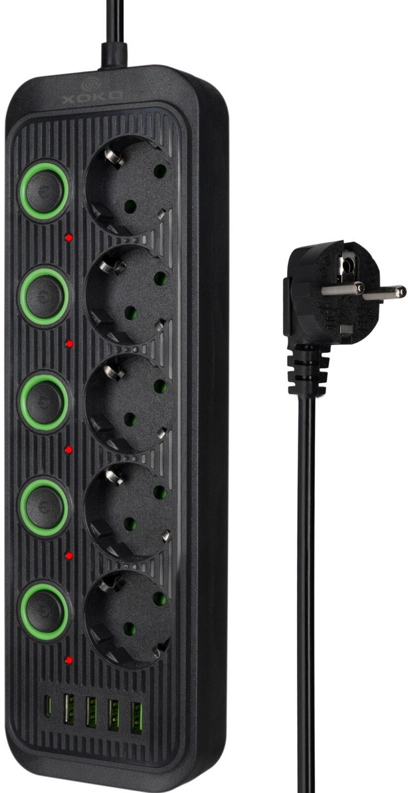 Мережевий фільтр XOKO SP-5-2-1, 2м, 5 роз., 2 USB-A, 1 USB-C Black (XK-SP-5-2-1-BK)