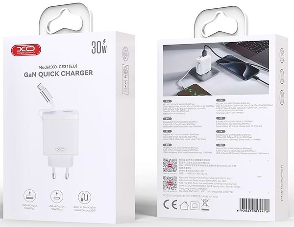 Фото - Сетевое зарядное устройство XO CE31 30W Gallium Nitride Fast Charger з Retractable Кабелем (1USB-A +1USB-C+1TYPE-C cable) (XO-CE31)