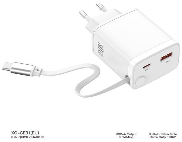 Фото - Сетевое зарядное устройство XO CE31 30W Gallium Nitride Fast Charger з Retractable Кабелем (1USB-A +1USB-C+1TYPE-C cable) (XO-CE31)