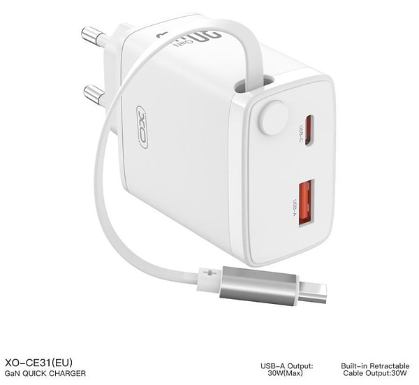 Фото - Сетевое зарядное устройство XO CE31 30W Gallium Nitride Fast Charger з Retractable Кабелем (1USB-A +1USB-C+1TYPE-C cable) (XO-CE31)