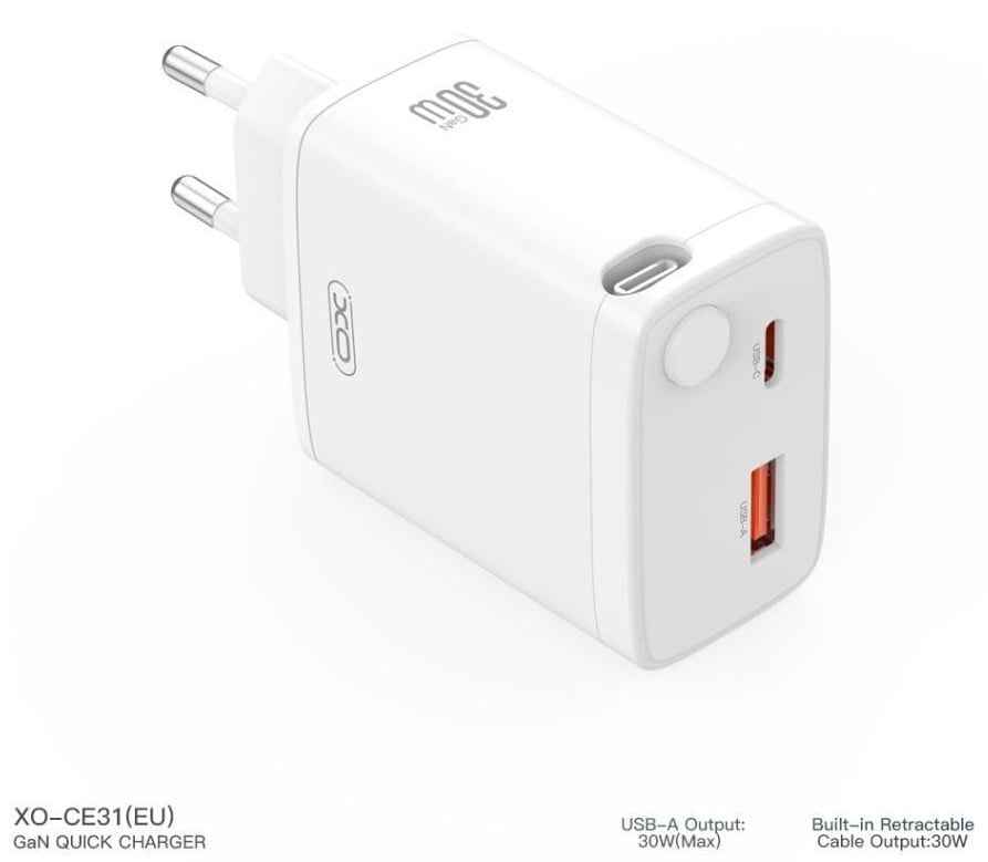 Фото - Сетевое зарядное устройство XO CE31 30W Gallium Nitride Fast Charger з Retractable Кабелем (1USB-A +1USB-C+1TYPE-C cable) (XO-CE31)