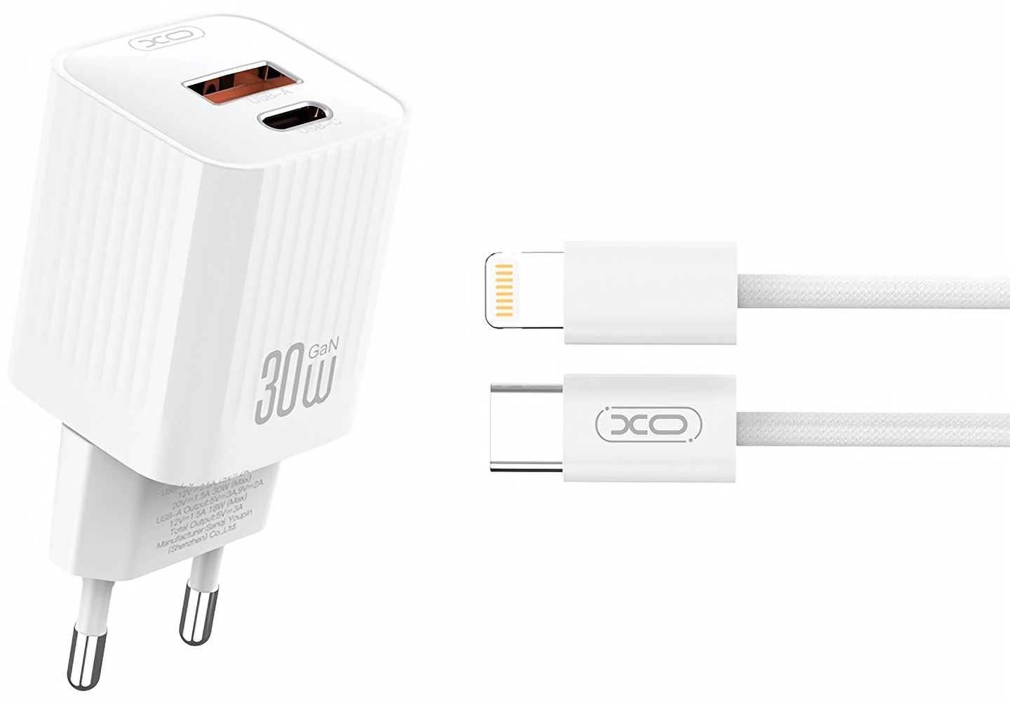 Мережевий зарядний пристрій XO L149 PD30W 1USB-A+1USB-C Charger with Lightning cable white (XO-L149+L)