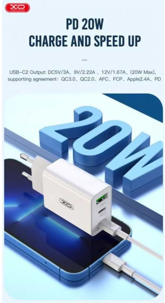 Фото - Мережевий зарядний пристрій XO L101 PD + QC3.0 (1USB/2Type-C/20W) + USB - MicroUSB White (XO-L101-WH)