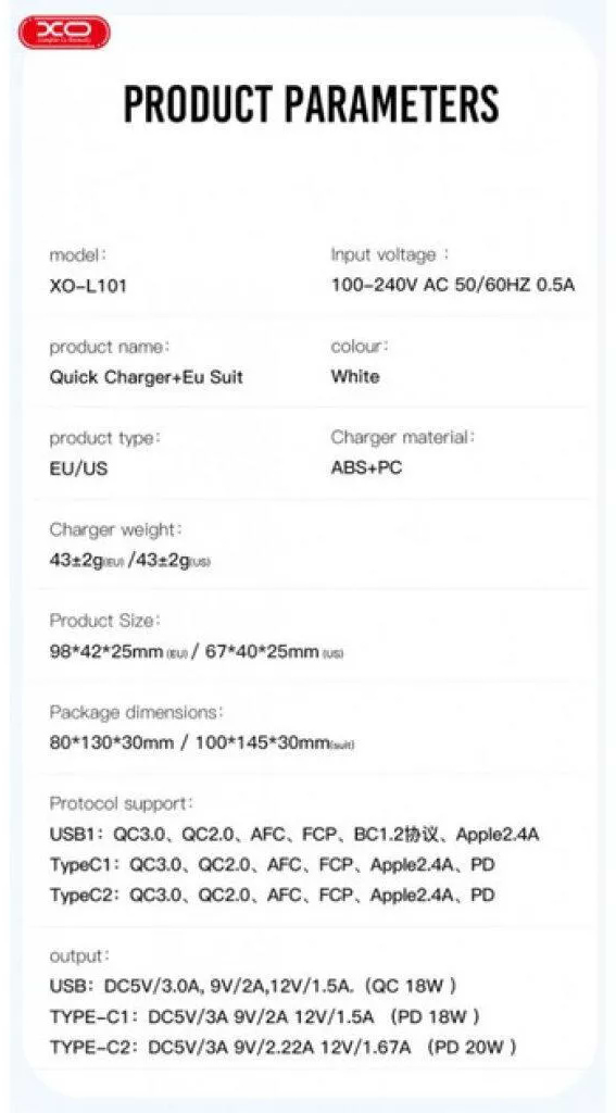 Фото - Мережевий зарядний пристрій XO L101 PD + QC3.0 (1USB/2Type-C/20W) + USB - MicroUSB White (XO-L101-WH)