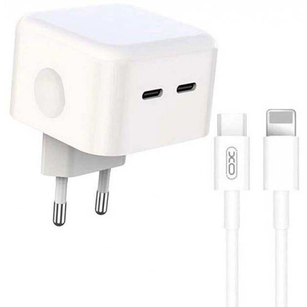 Мережевий зарядний пристрій XO QC 3.0 XO L102 35W/2 USB-C + кабель Lightning NB113 White (XO-L102i-WH) - Фото 1