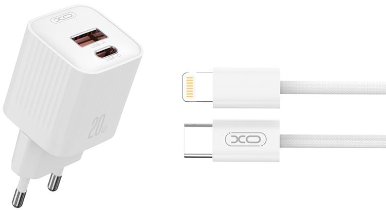 Мережевий зарядний пристрій XO L147 PD20W 1USB-A+1USB-C Charger with Lightning cable, white (XO-L147+L)