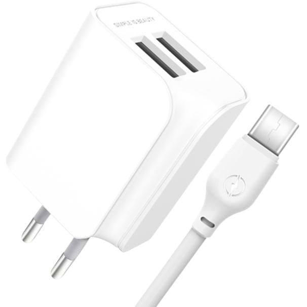 Мережевий зарядний пристрій XO L35D 2USB / 2.1А + Type-C White (XO-L35-TC) - Фото 1