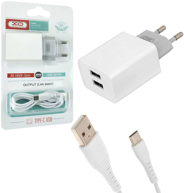 Фото - Мережевий зарядний пристрій XO L65 адаптер 2USB / 2.4А + Type-C White (XO-L65-TC)