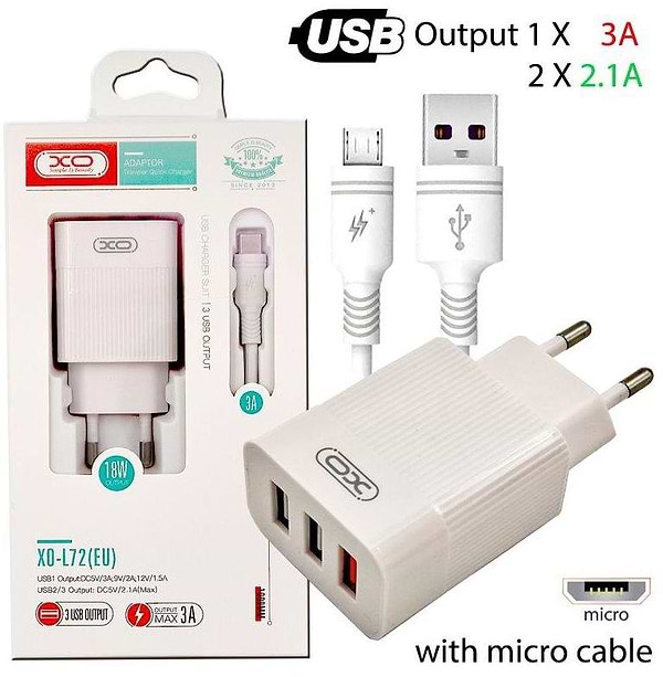 Фото - Уцінка - Мережевий зарядний пристрій XO L72 QC3.0 3USB +micro (XO-L72-MCR)