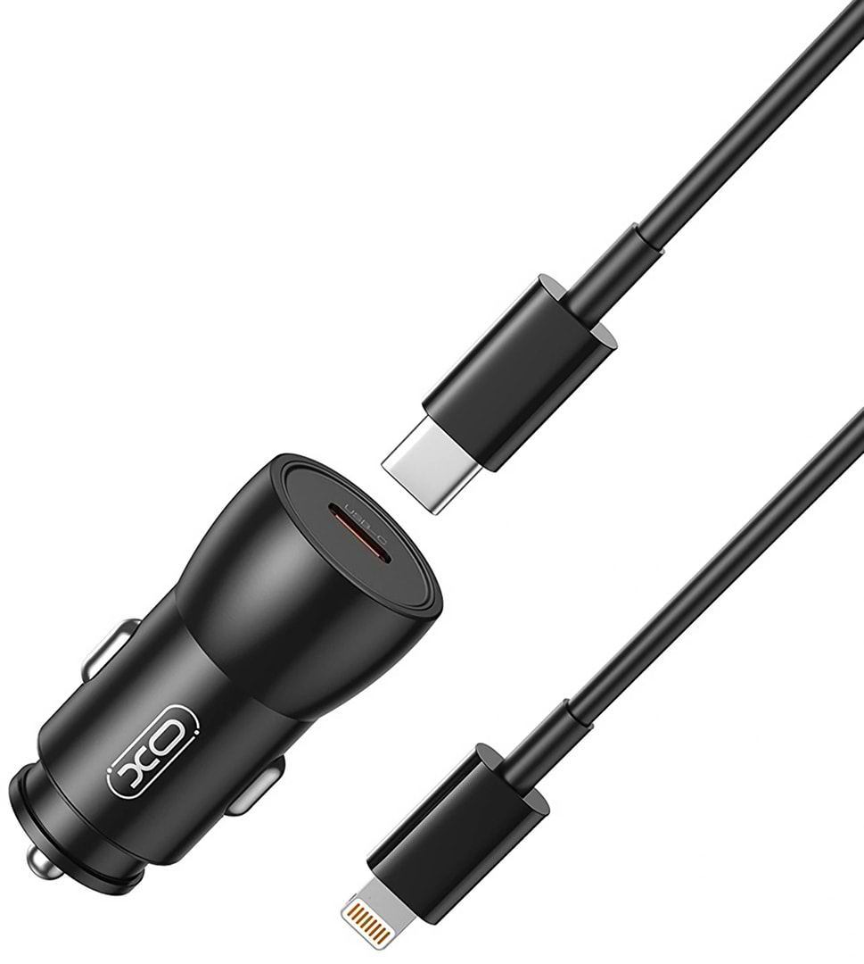 Автомобільний зарядний пристрій XO CC57 Smart Metal Single C Port PD30W+ Lightning Cable black (XO-CC57+L)
