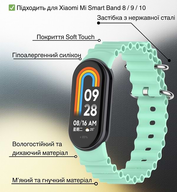 Фото - Ремешок для фитнес-браслета BeCover Wave Style for Xiaomi Mi Smart Band 8 / 9 / 10 Light Green (714356)