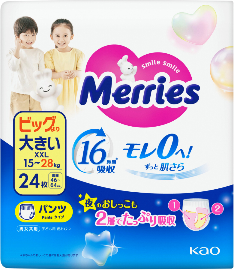 Одноразові підгузки-трусики MERRIES Розмір XXL (15-28 кг), 24 шт. (320314)