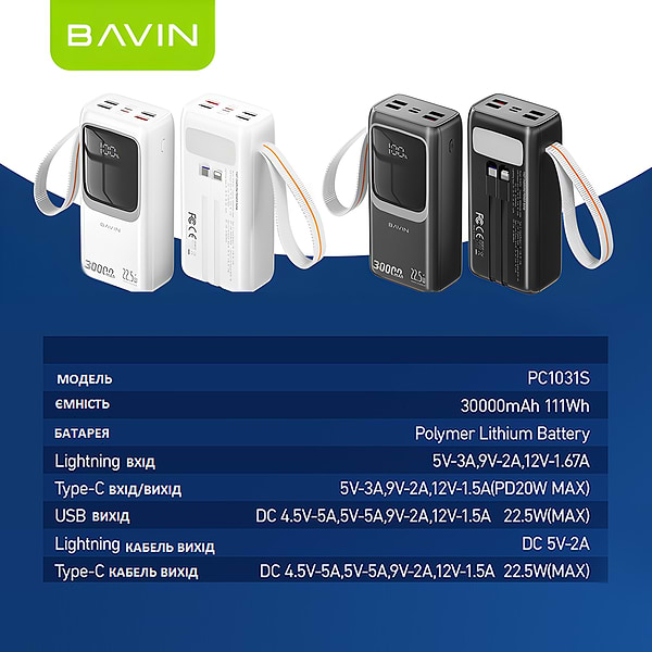 Фото - Батарея мобільна Bavin PC1031S 30000 mAh FAST CHARGING 22.5W Black (Y-PC1031S BK)
