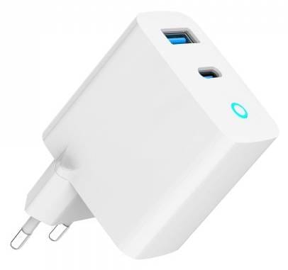 Мережевий зарядний пристрій Gembird 1хUSB-A (QC3.0 18W) + 1xType-C PD 65W (TA-UC-PDQC65L-W-01) - Фото 1