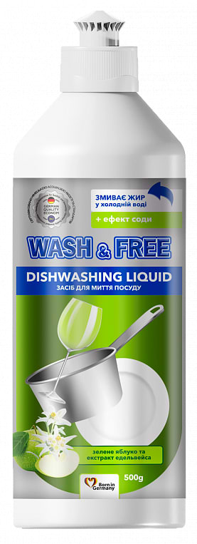 Засіб для ручного миття посуду WASH & FREE Зелене яблуко та екстракт едельвейса 500г - Фото 1
