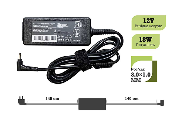 Фото - Зарядний пристрій для ноутбука 1stCharger Lenovo 18W 12V 1.5A 3.0x1.0 силовий кабель (AC1STLE18WE2)