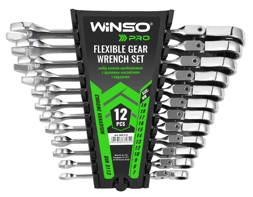 Набір комбінованих ключів Winso PRO з тріскачкою та карданом CR-V 12 шт. (900312)