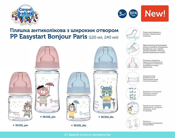 Фото - Пляшка для годування Canpol babies антиколікова з широким горлом PP Easy Start Bonjour Paris синя, 240 мл. (35/232_blu)