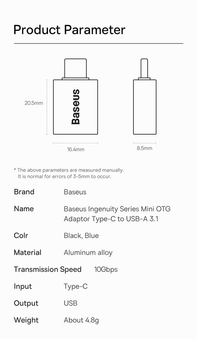 Фото - Переходник Baseus Ingenuity Series Mini OTG Adaptor Type-C to USB-A 3.1 Black (ZJJQ000001)
